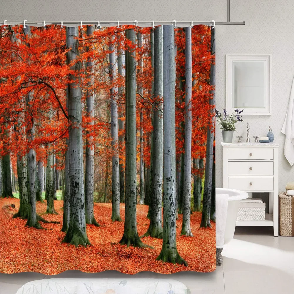 Autumn Forest Scenery Shower Curtain Red Maple Leaf Waterfall Nature Landscape Polyester Fabric Shower Curtains Bathroom Decor