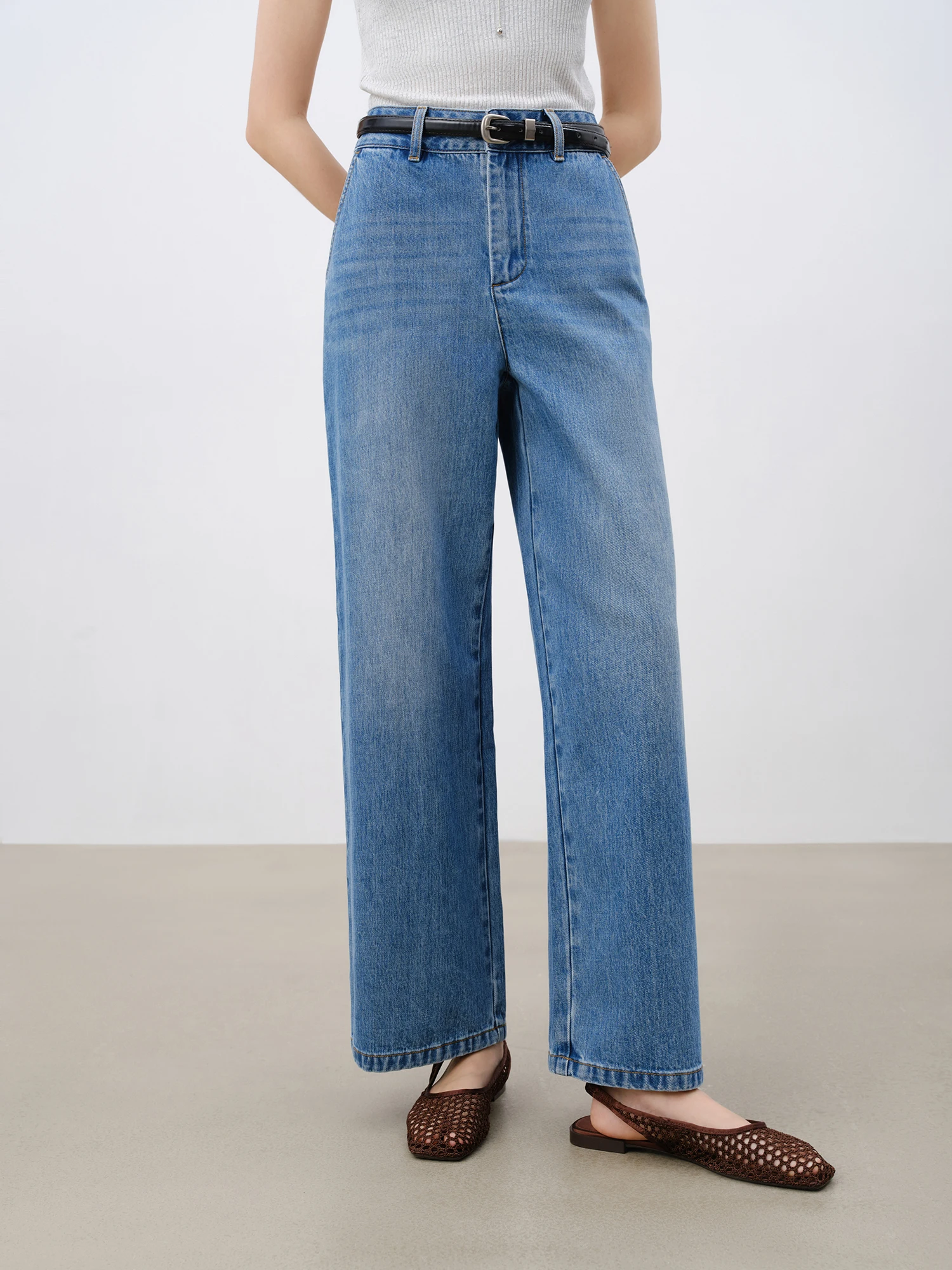 ZIQIAO【2 Colors】Women Cotton Jeans High Waist Spring New Casual Beige Cropped Jean Denim Blue Straight Pant 25ZQ91044+25ZQ91115