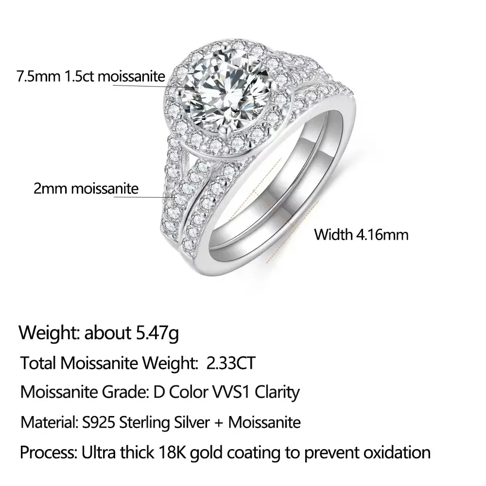 Pretty Beauty S925 Sterling Silver 1.5CT Moissanite Wedding Band for Women Stackable Diamond Engagement Ring Luxury Jewelry Gift