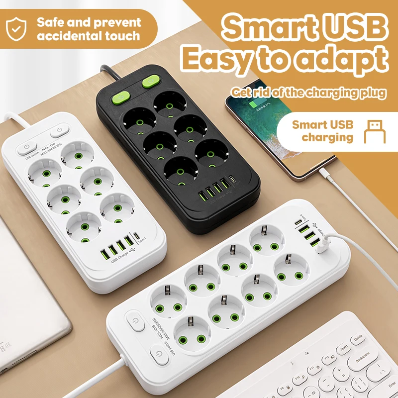 Smart 6-Socket Power Strip 2M Extension Cable 4 USB 1 Type-C Universal Surge Protector Individual Switch White Black