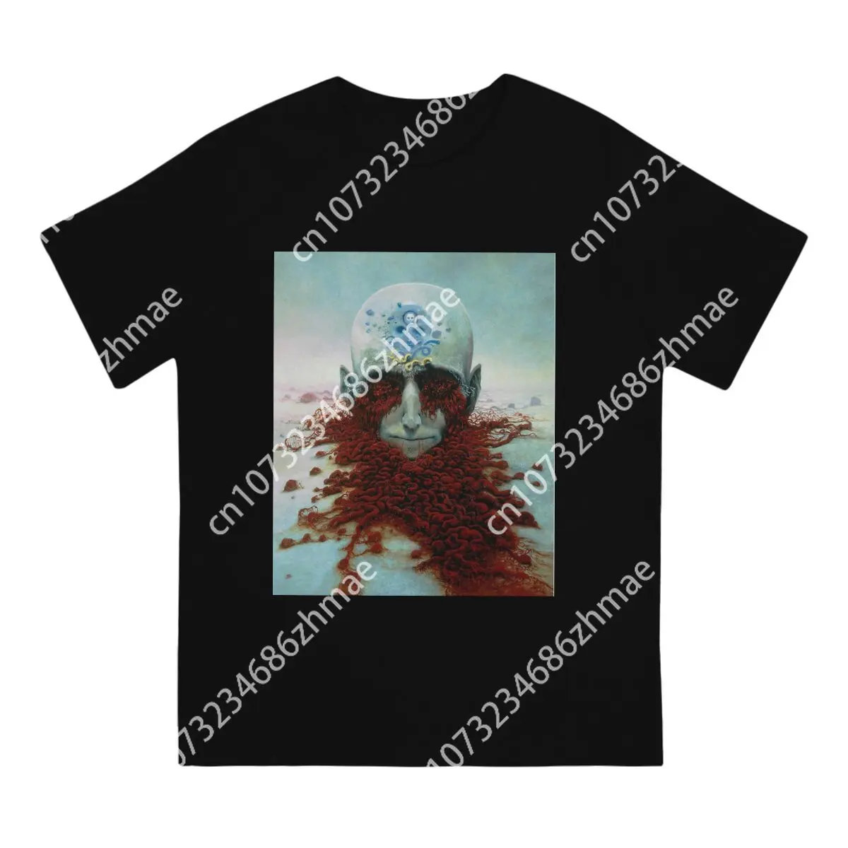 Novelty Beksinski T-Shirts for Men O Neck Pure Cotton T Shirt Scary Horror Short Sleeve Tee Shirt Printed Clothes