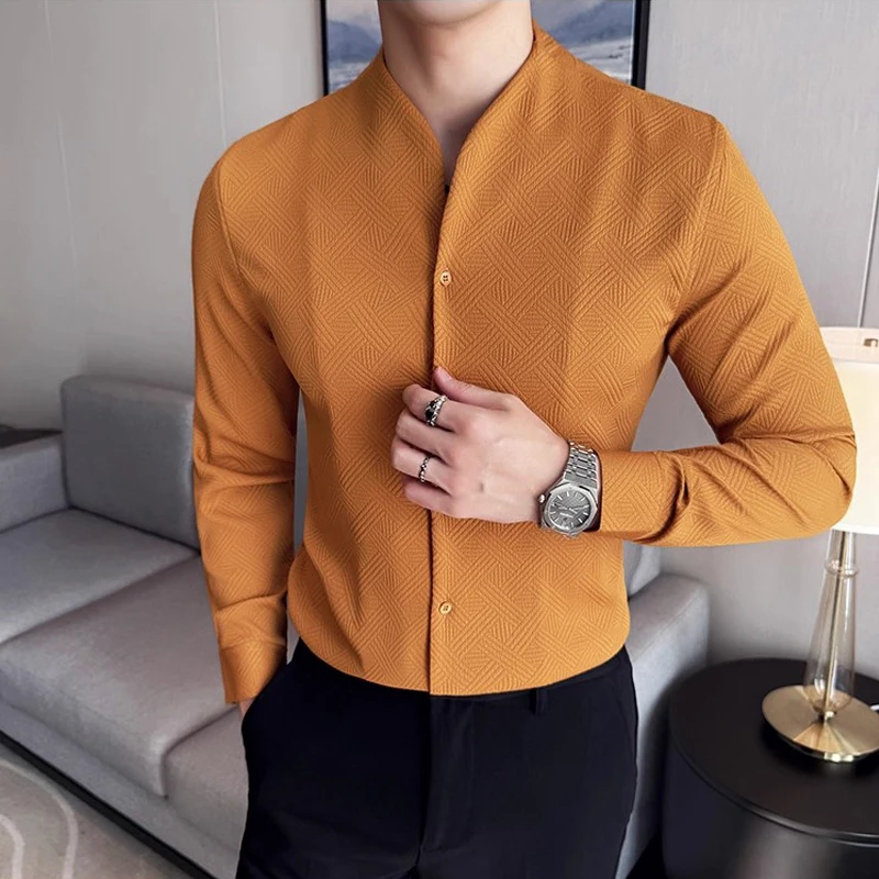 

Luxury Long Sleeve Men's Shirts Asian Size Striped Jacquard Slim Fit Men Dress Shirt Autumn V-Neck Business Casual Mens Clothing