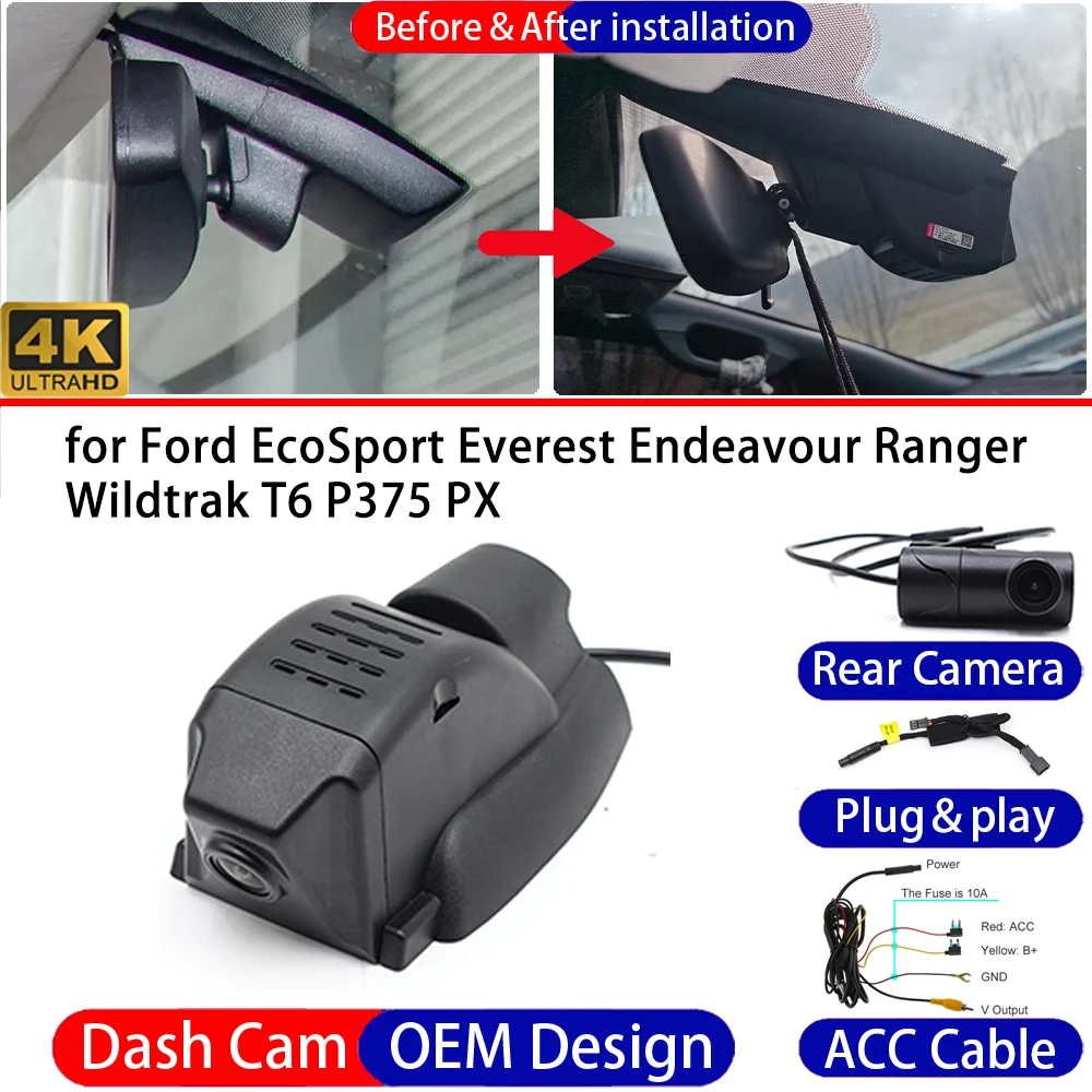 Dash Cam for Ford EcoSport Everest Endeavour Ranger Wildtrak T6 P375 PX 4K UHD DVR Dashboard Camera Video Recorder Parking Mode