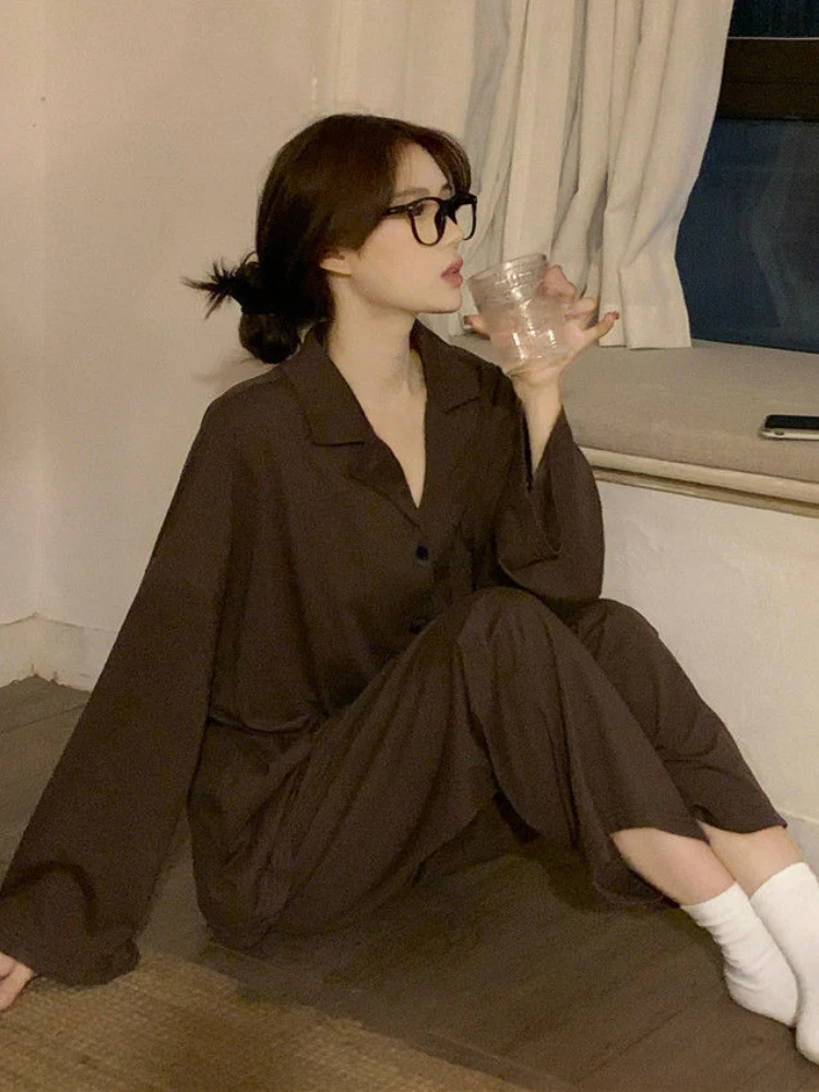 Pajama Sets Women Autumn Couple Solid Vintage Comfortable Ins Sleepwear Leisure Daily Unisex Ulzzang Basic Casual Homewear Cozy