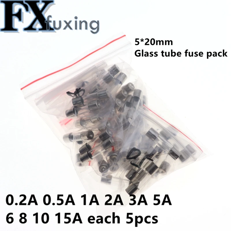 50Pcs/Set 10Values Fast Quick Blow Glass Tube Fuses Insurance Package 5x20mm Fuse 5*20 0.2A 0.5A 1A 2A 3A 5A 6A 8A 10A 15A /250V