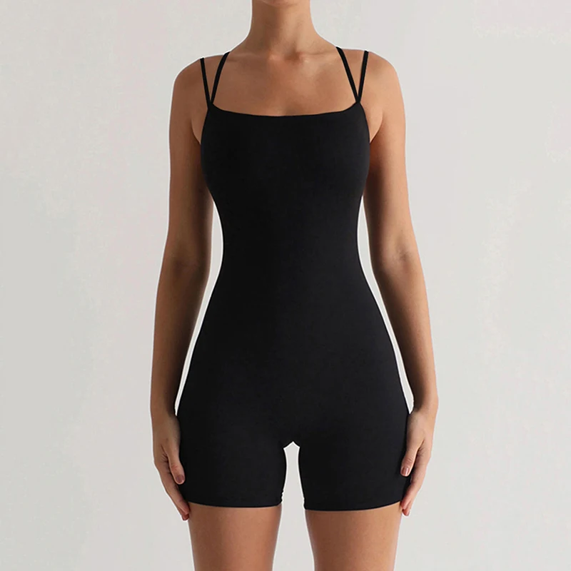 Zwarte Jumpsuit Voor Dames 2024 Uit Één Stuk Gebreide Zomerspaghettibandjes Halterhals Rompertjes Actief Trainen Casual Outfits