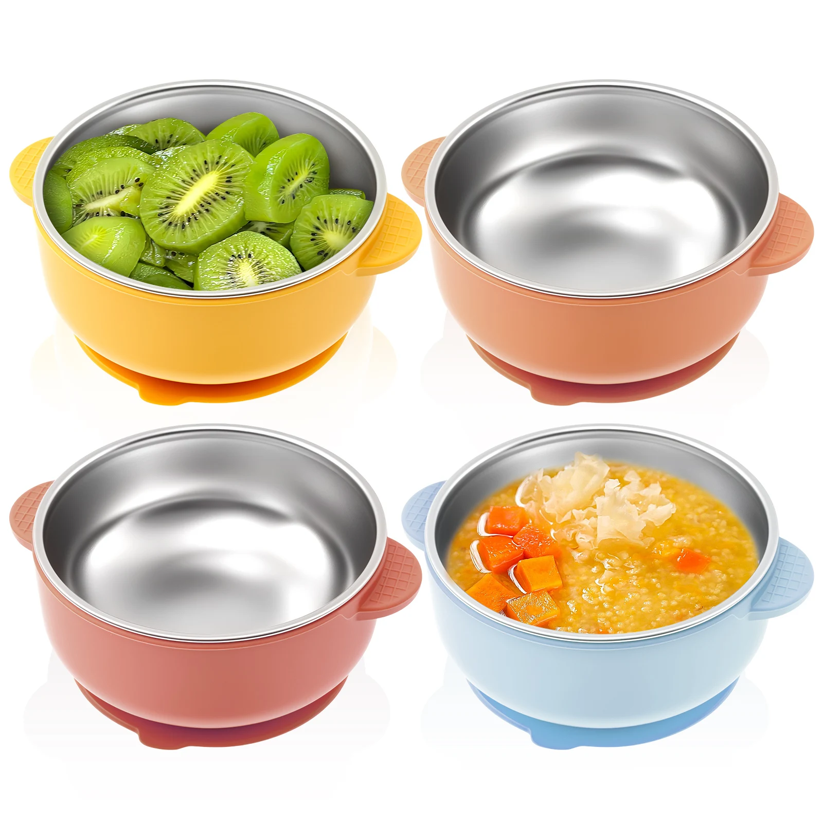 

4 Pcs 304 Stainless Steel Baby Bowls with Removable Silicone Sleeve Non Slip Toddler Suction Bowls Snack Containers for Toddlers