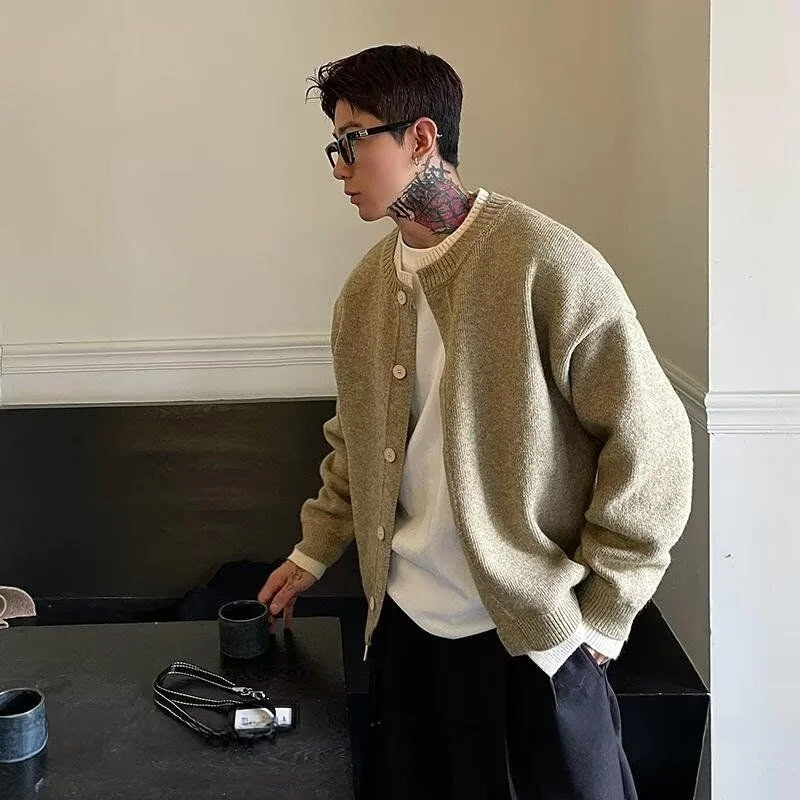 

Мужской открытый кардиган в стиле ретро в японском стиле, шерстяной свободный круглый трикотаж, осенне-зимний повседневный свитер, верхняя одежда, элитное ощущение