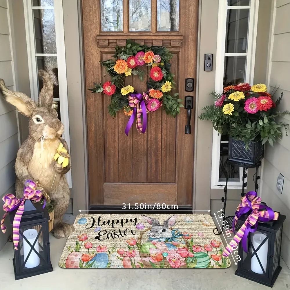 1pc, Spring and Summer Decoration Suitable for Easter, Tulip and Rabbit Elements Welcome Door Mat, Soft Cushion, Soft Absorben