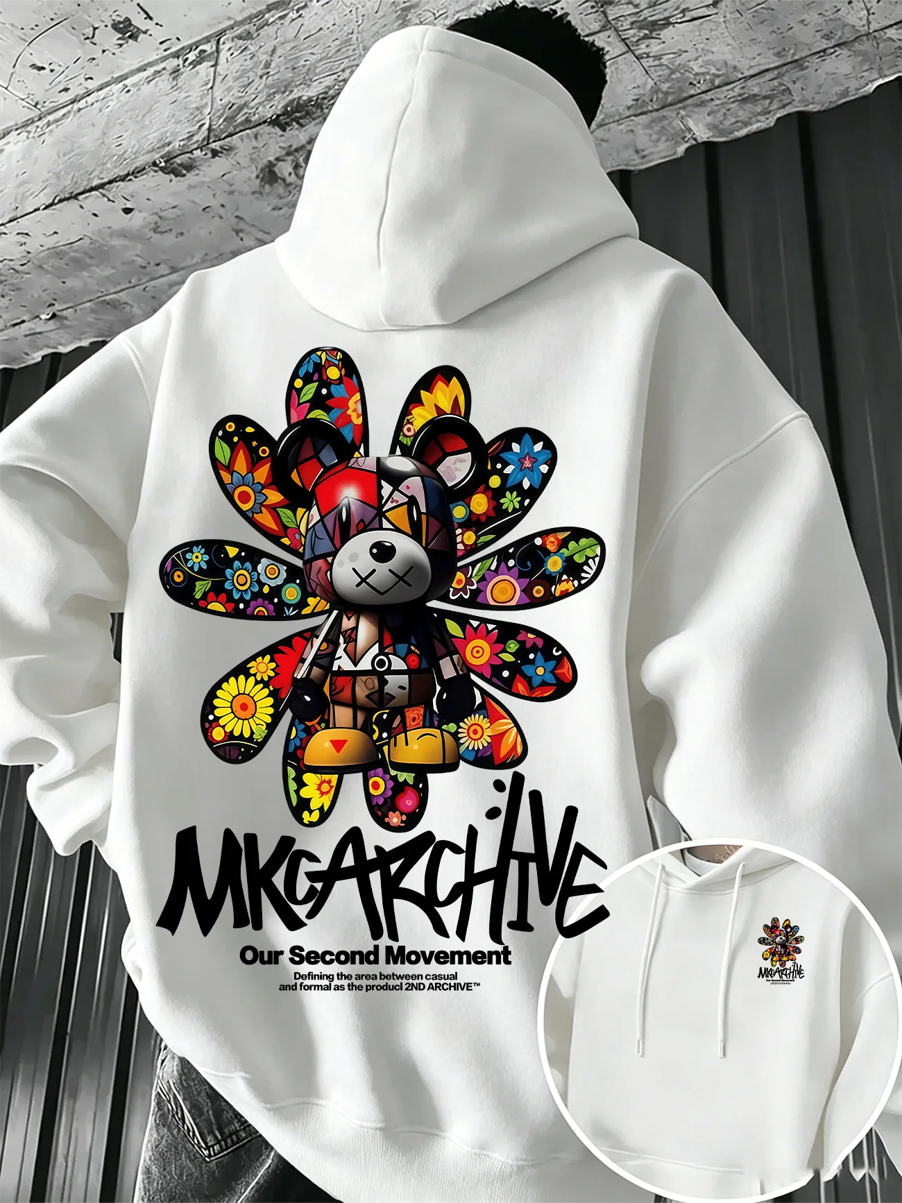 Herren-Freizeit-Kapuzenpullover – Farbenfroher Blumen-Bären-Graffiti-Print Pullover Warmes Street-Style Oberteil für Herbst/Winter – Detail 2