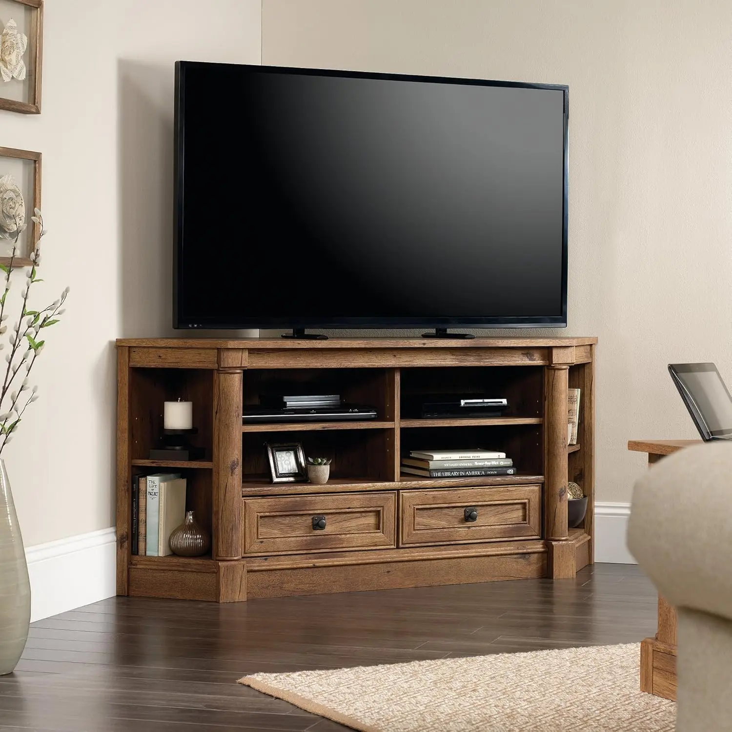 

Corner TV Stand Console Entertainment Credenza, in Vintage Oak