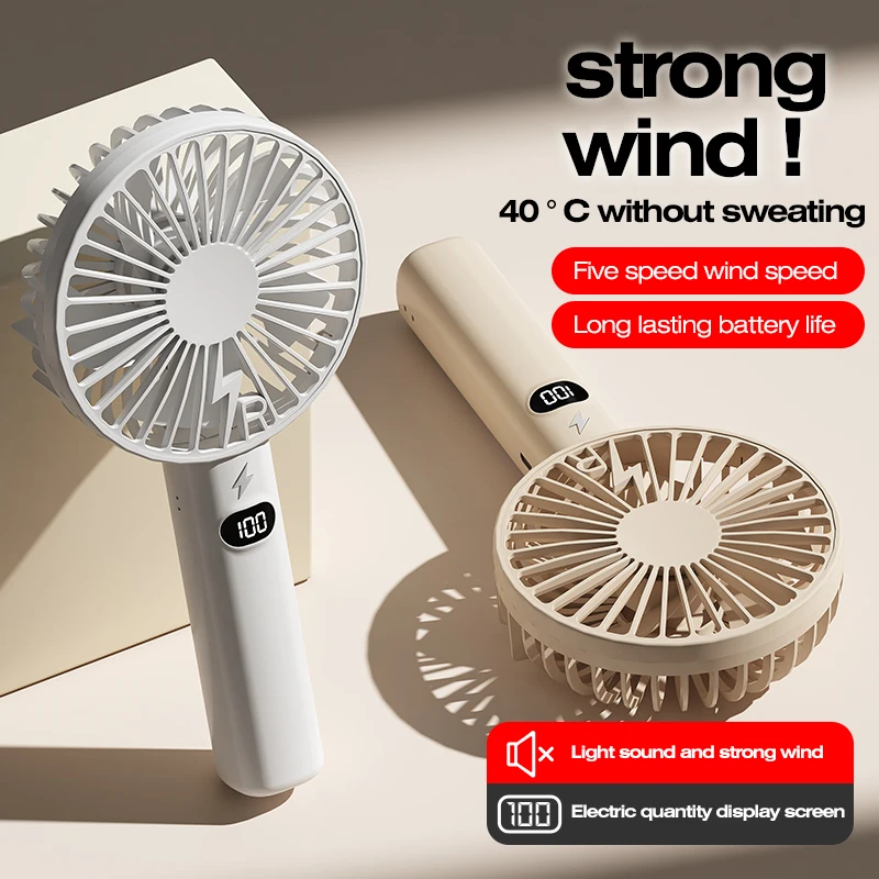 Multi-Purpose Portable Charging Model with Small Fan, 5-Speed Wind Power LCD Display, Handheld/Standing with Phone Holder