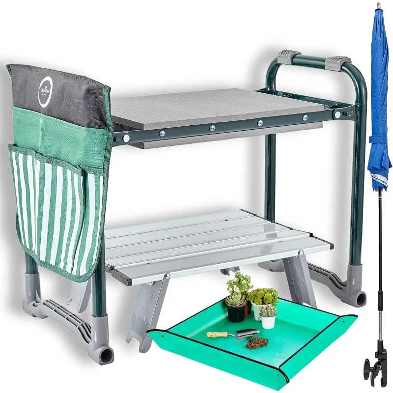 Garden Kneeler Seat Bench-Foldable-Saves Your Back and ! Extras Included-SunShade Umbrella (Patented), Wide EVA Foam Pad (10.2