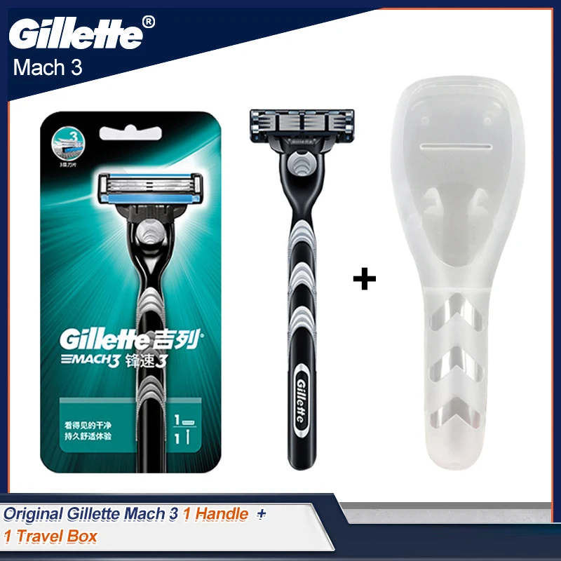 Original Gillette Mach 3 Men's Manual Shaver Shaving Safety Razor Face Beard Hair Removal with Replacement Blades Travel Box
