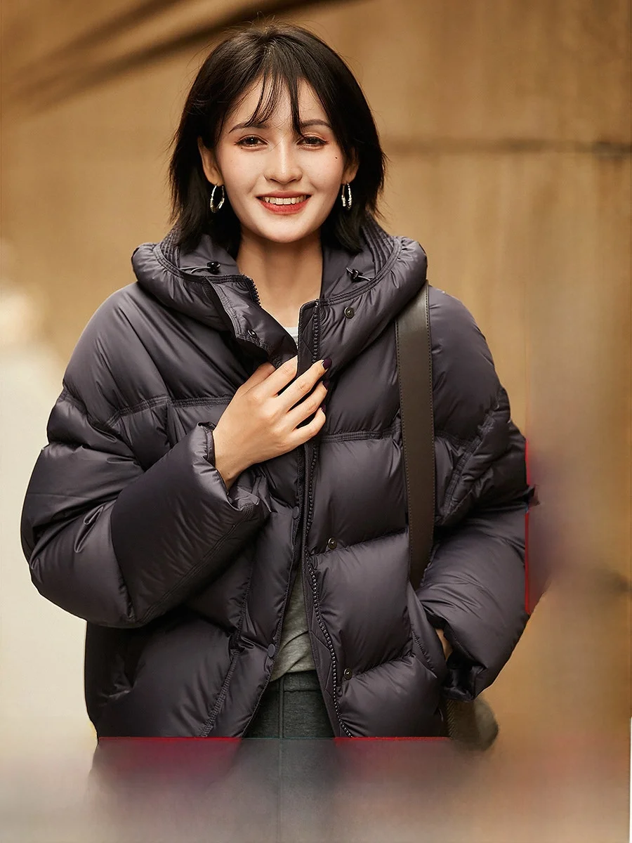 

Легкая теплая женская пуховая куртка с капюшоном из белого гусиного пуха, свободного кроя, с эластичной талией, из нейлоновой ткани, на молнии