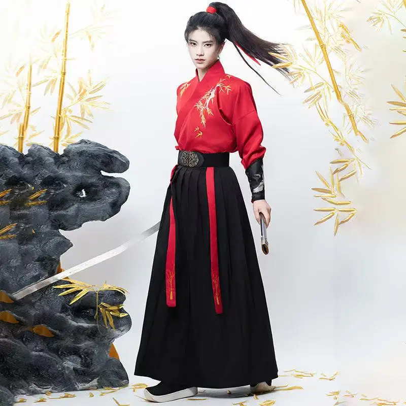 

4XL Large Size Original Hanfu New Chinese Style Crane Bamboo Embroidery Costume Vintage Teenagers Swordsman Cosplay Stage Suit
