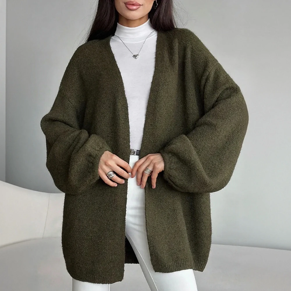 

Women's Long Lantern Sleeve Knitted Sweater Coat Middle-Length Open Cardigan Casual Style Outerwear for Autumn Winter
