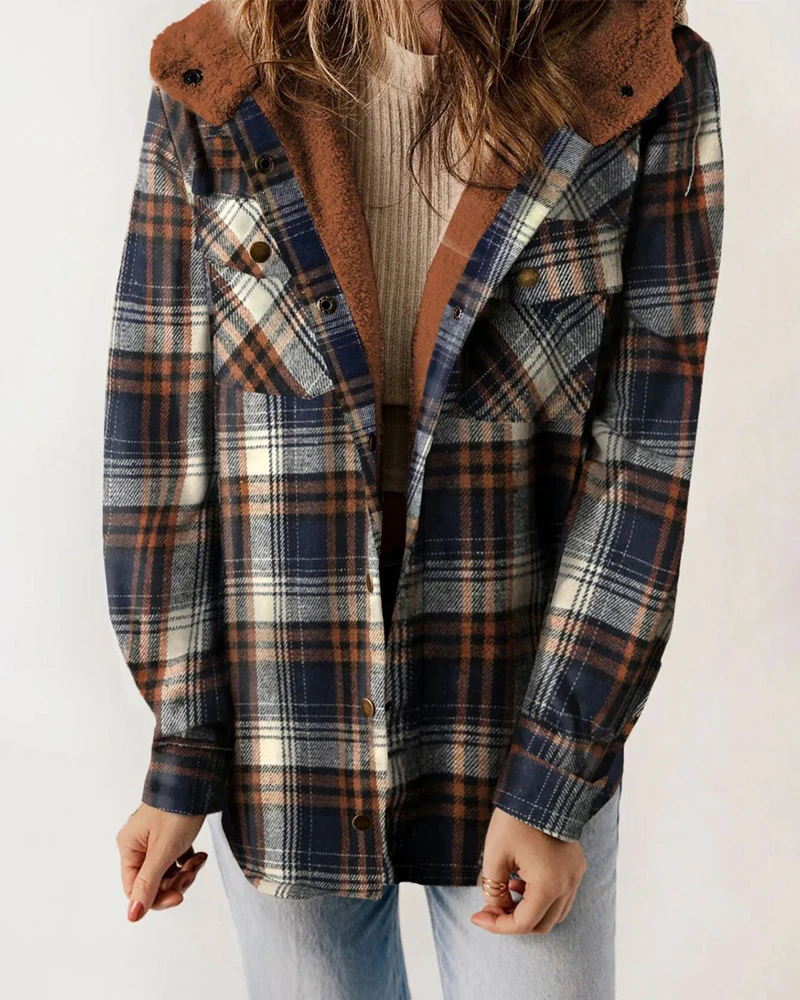 

Elegant Plaid Pattern Fleece Lined Coat Button Front Hooded Jacket 2025 Autumn Winter Spring New Fashion Casual Coat