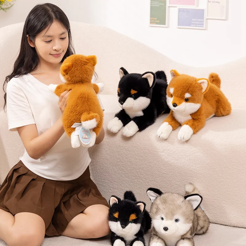 Simulation Cute Shiba Inu Dog Husky Soft Fluffty Puppy Lie Prone Plush Toys Kawaii Stuffed Pet Doll Baby Sleep Pillow Girls Gift