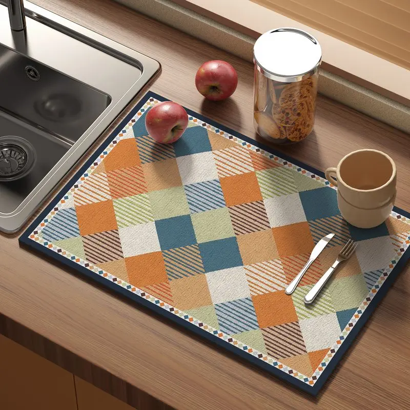 VIKAMA Geometric Diamond-Patterned Dish Drainer Mat, Absorbent and Quick-Drying Sink Countertop Mat, Home Decor
