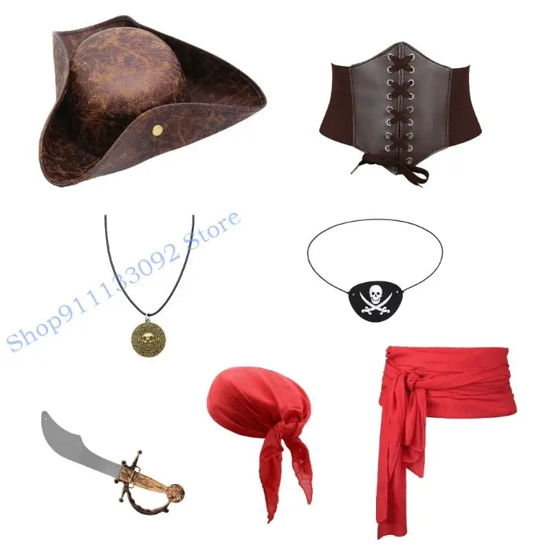 

H9ED 7 Piece Cariban Pirate Hat And Bandana Set Soft Breathable Fabric For Halloween Cosplay Costume Accessories