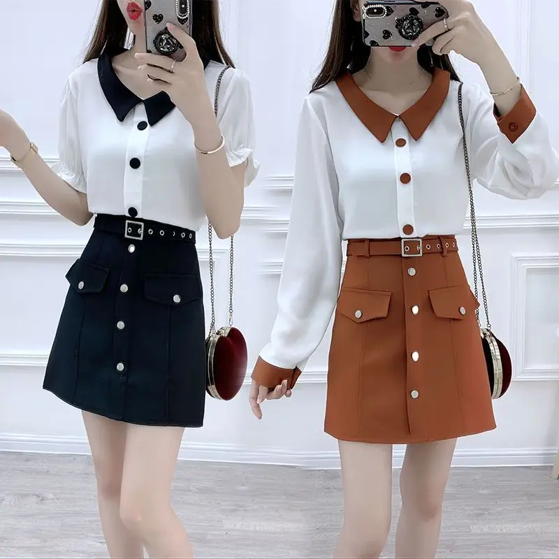 2023 Spring Autumn Women New Temperament Fashion Color Matching Chiffon Shirt High Waist A-shaped Skirt Two-piece Single/suit ch