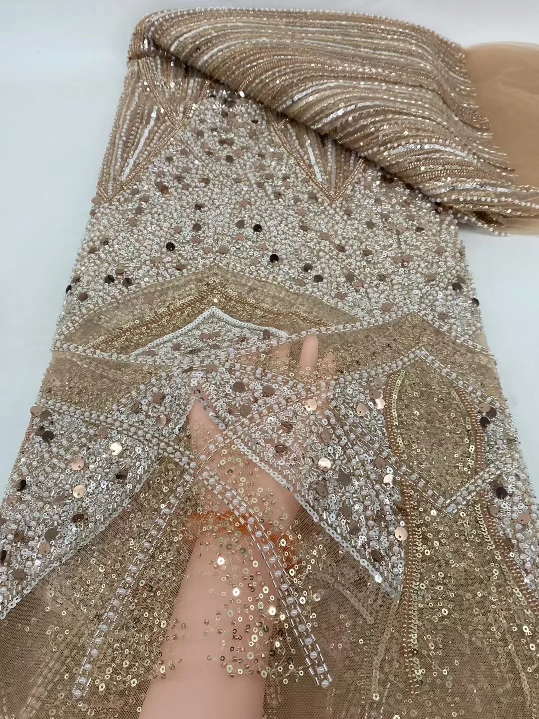 

2025 Luxury African Lace Fabric 5 Yards Dubai 3D Beaded Tulle Lace Fabric Embroidered Sequins Nigerian Fabric for Wedding