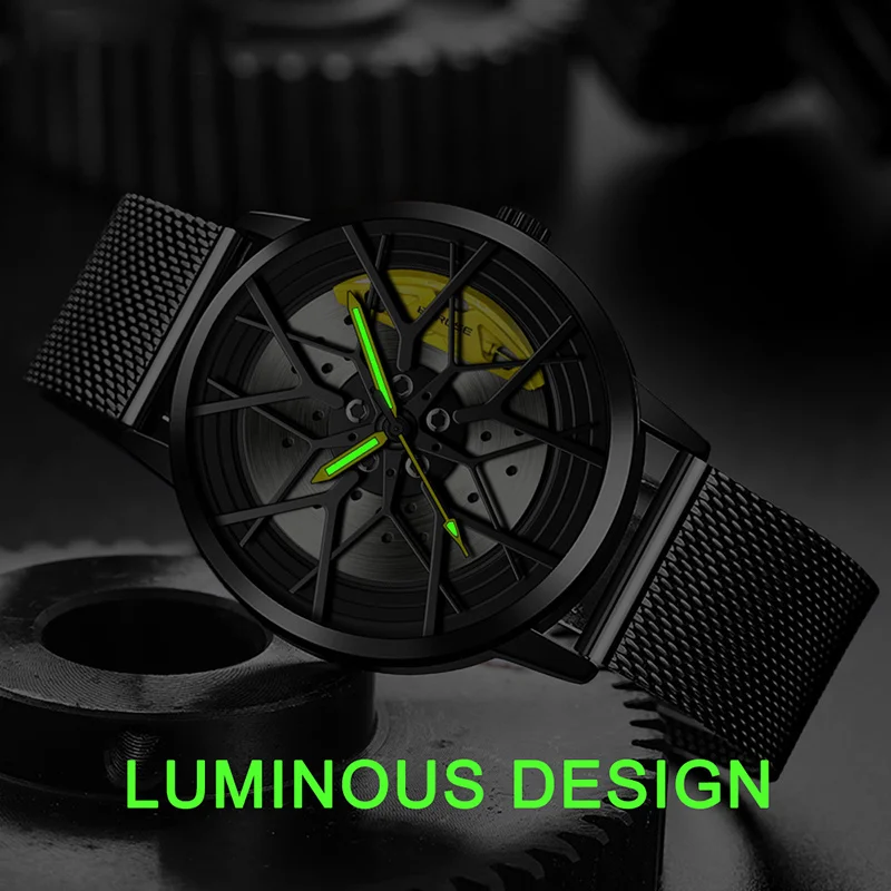 BORUSE Fashion Mens Car Wheel Watches Luxury Stainless Steel Mesh Watch Men Quartz Wristwatch Male Clock montre homme