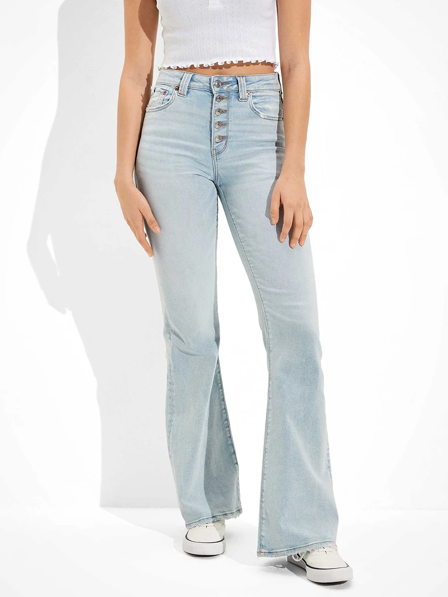 Calça Jeans Feminina de Cintura Alta com Botões Elásticos, Estilo Novo de Verão, Cor Clara, Efeito Emagrecedor, Modelo Micro ...