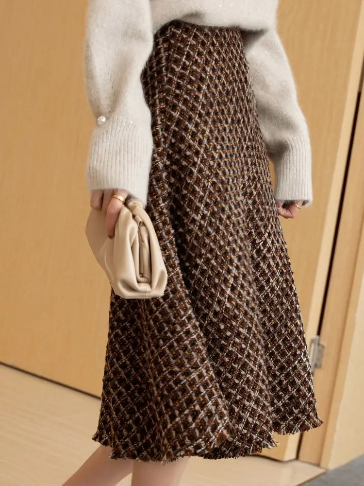 Tweed Woolen Skirt for Women, Long Plaid Skirts, Thick and Warm, Small French Style, Autumn and Winter