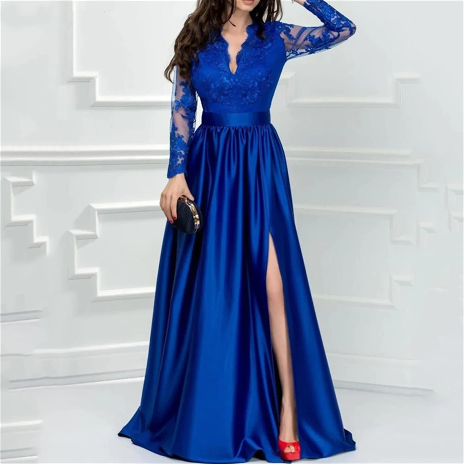 Sexy Lace A-Line With Evening Dresses Customized Elegant Dress Formal Floor Length Long Sleeve V Neck Satin with Slit Appliques