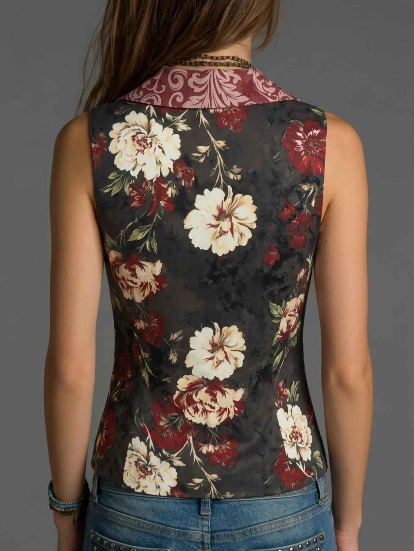 Elegant Printed Waistcoat for Spring Summer Autumn Stylish Lapel Sleeveless Vest with Faux Pockets