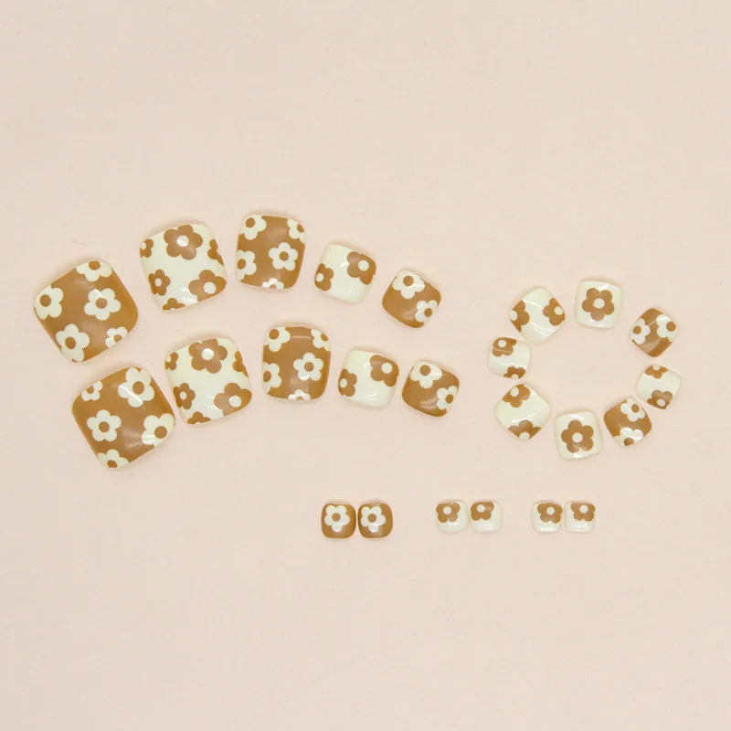 24pcs Latte Brown Press-On Toe Nails - Chestnut & Floral Accent False Nails Multi-Size Pedicure Set For Women Girl