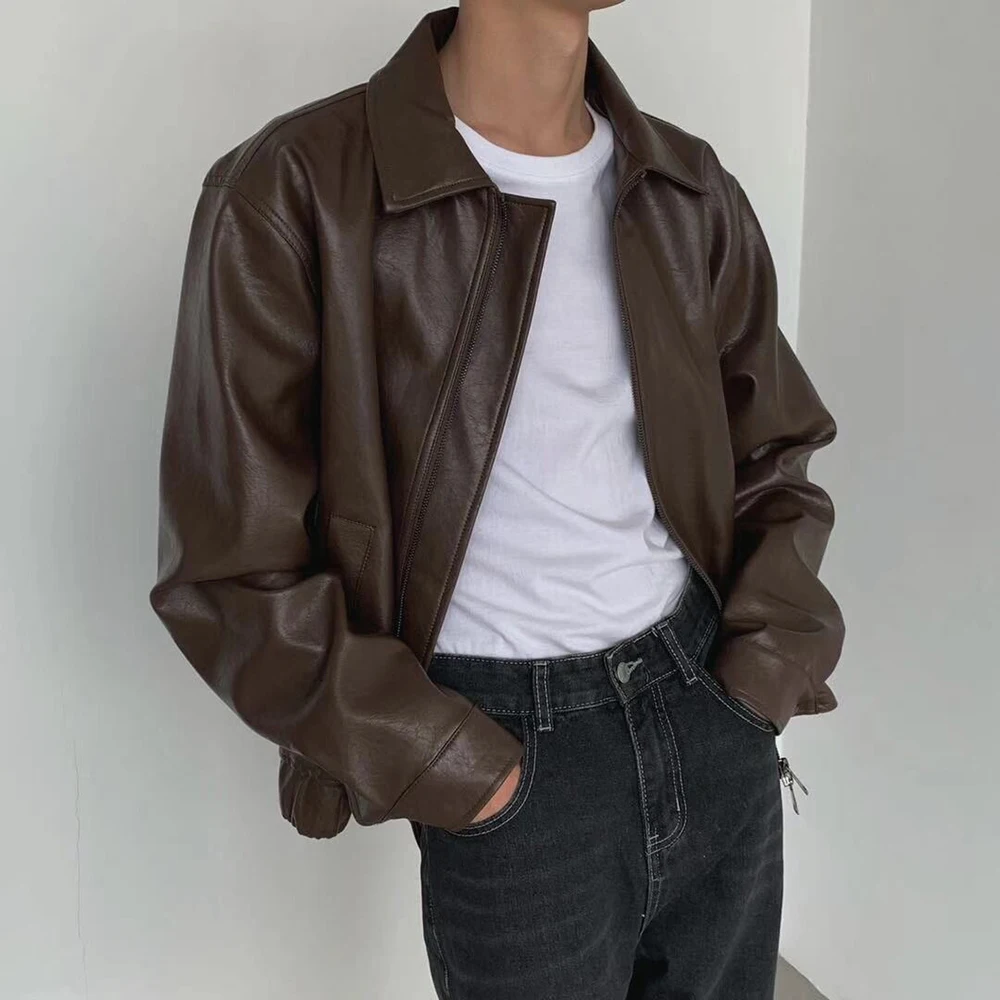 

Mens Autumn And Winter Retro Leather Casual Loose Short Leather Jacket Men'S Handsome And Elegant British Jacket Tops