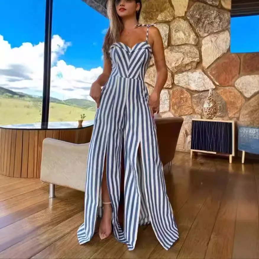 

Striped Jumpsuit Women Sexy Romper High Waist Wide Leg Pants Sleeveless One Piece Overalls Elegant 2025 Female Suspenders