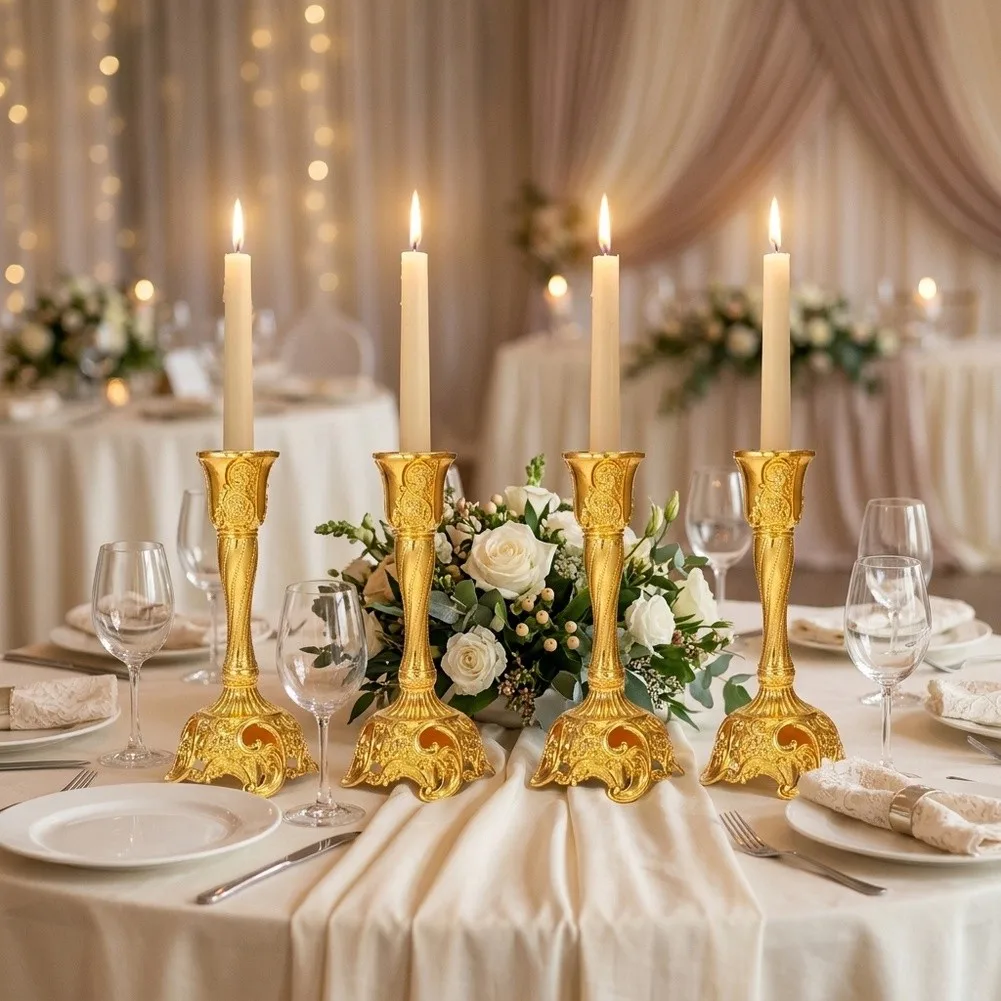 4pcs Elegant Floral Candle Holders, Sturdy Alloy Single Head Candlestick Gold Silver Finish, Home Decor