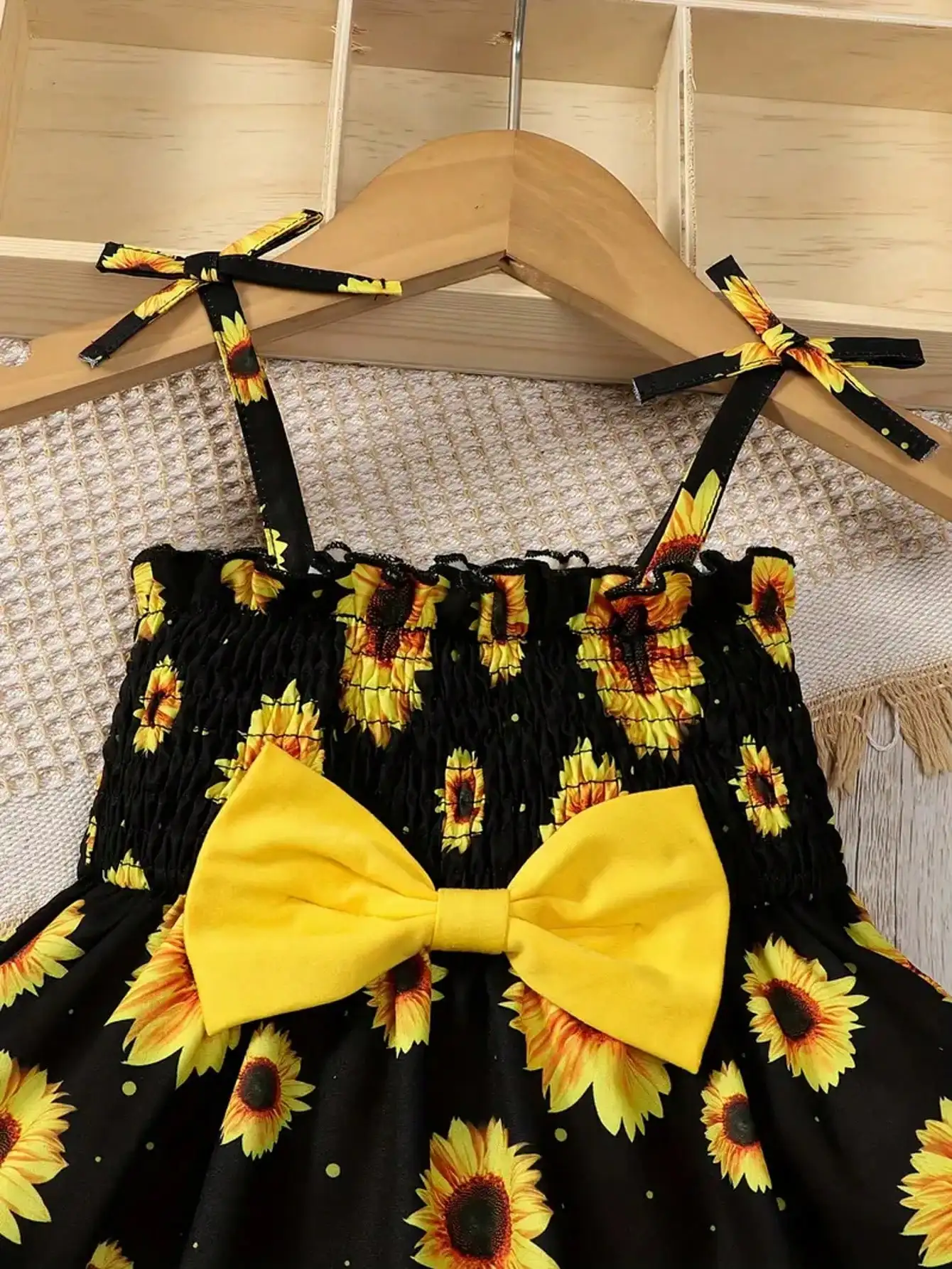 2026 Mädchen Freizeitkleid, Neues Frühlings- und Sommerkleid mit Sonnenblumen-Print, Schleifendekoration, Trägerkleid, Locker Sitzend, Bequemes Kleidchen – Detail 5