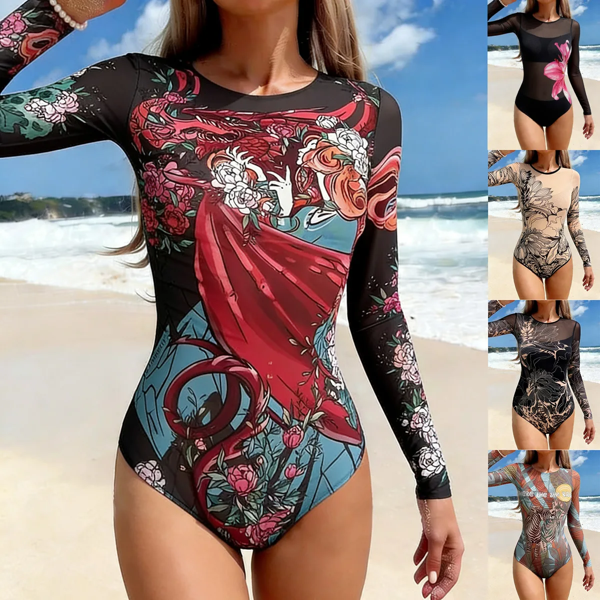 Women Long Sleeve One Piece Rash Guard Swimsuit Vintage Bohemia Round Neck Mesh Panel Surfing Bathing Suit Beach Swimwear