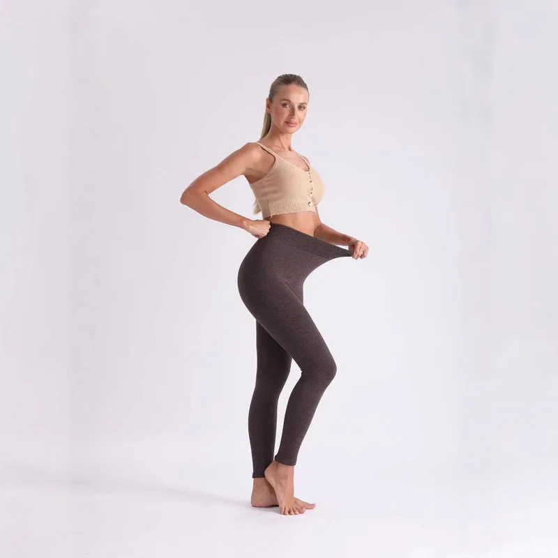 High Waist High Elastic 9 Points Striped Fleece Lined Thermal Leggings Winter Autumn Women Sporty Pull On Tights