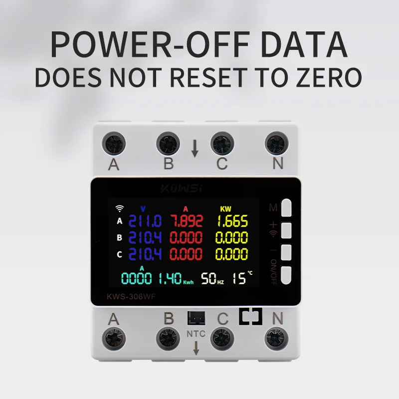KWS-306WF 3-Phase WiFi Power Meter 85-290V, Color Screen Energy Monitor with Current Voltage Protection & Relay