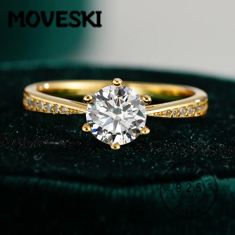 

925 Sterling Silver 1CT Moissanite Engagement Ring for Women, D Color VVS1 Round Cut 6 Prong Gold Plated Promise Wedding Band