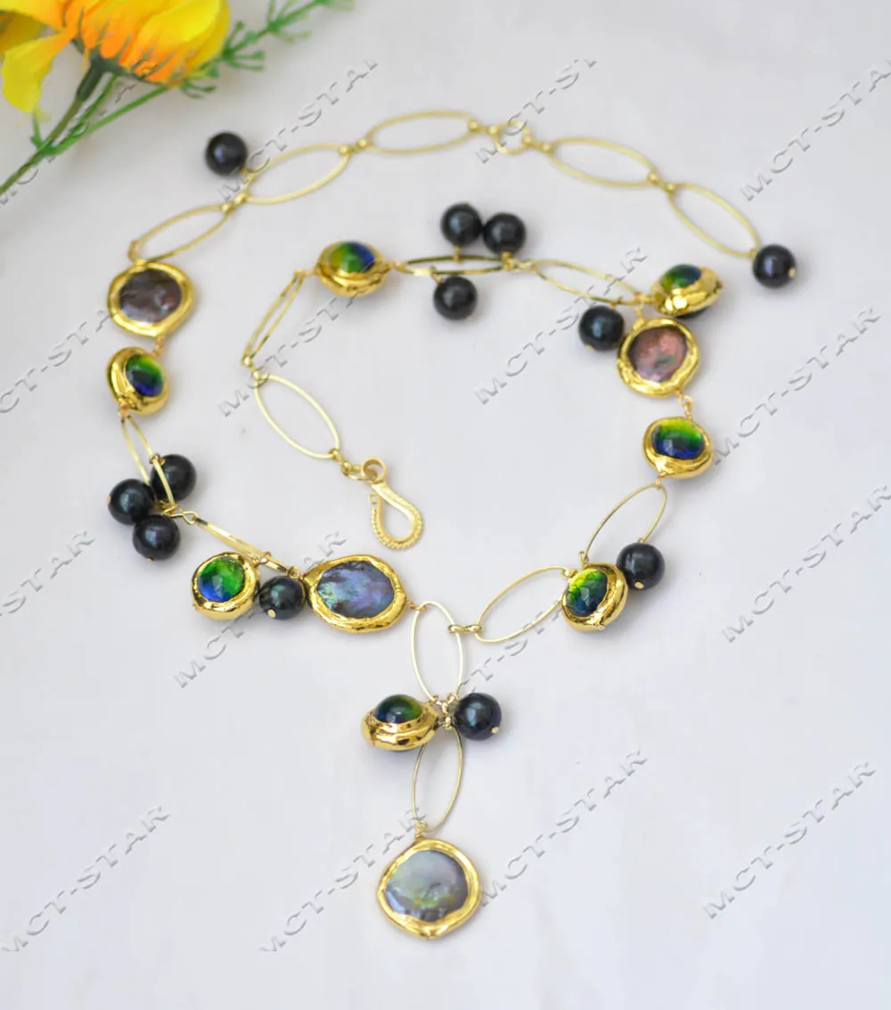 

MTC·STAR Z13417 Set Black Coin Pearl Gold-Plated Green Blue Murano Glass Pendant Necklace Bracelet Earring Custom Jewelry