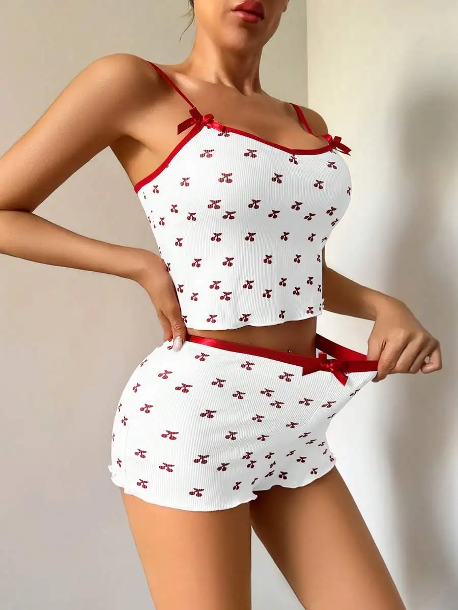 Womens Cherry Print Sleepwear Set Backless Shorts Lightweight Summer Pajamas 2 Piece