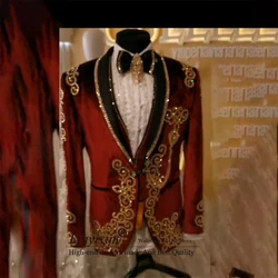 Burgundy Velvet Men Suits Luxury Gold Beadeds Crystal Groom Tuxedos 3 Pieces Wedding Bridegroom Blazers Male Bespoke Ropa Hombre