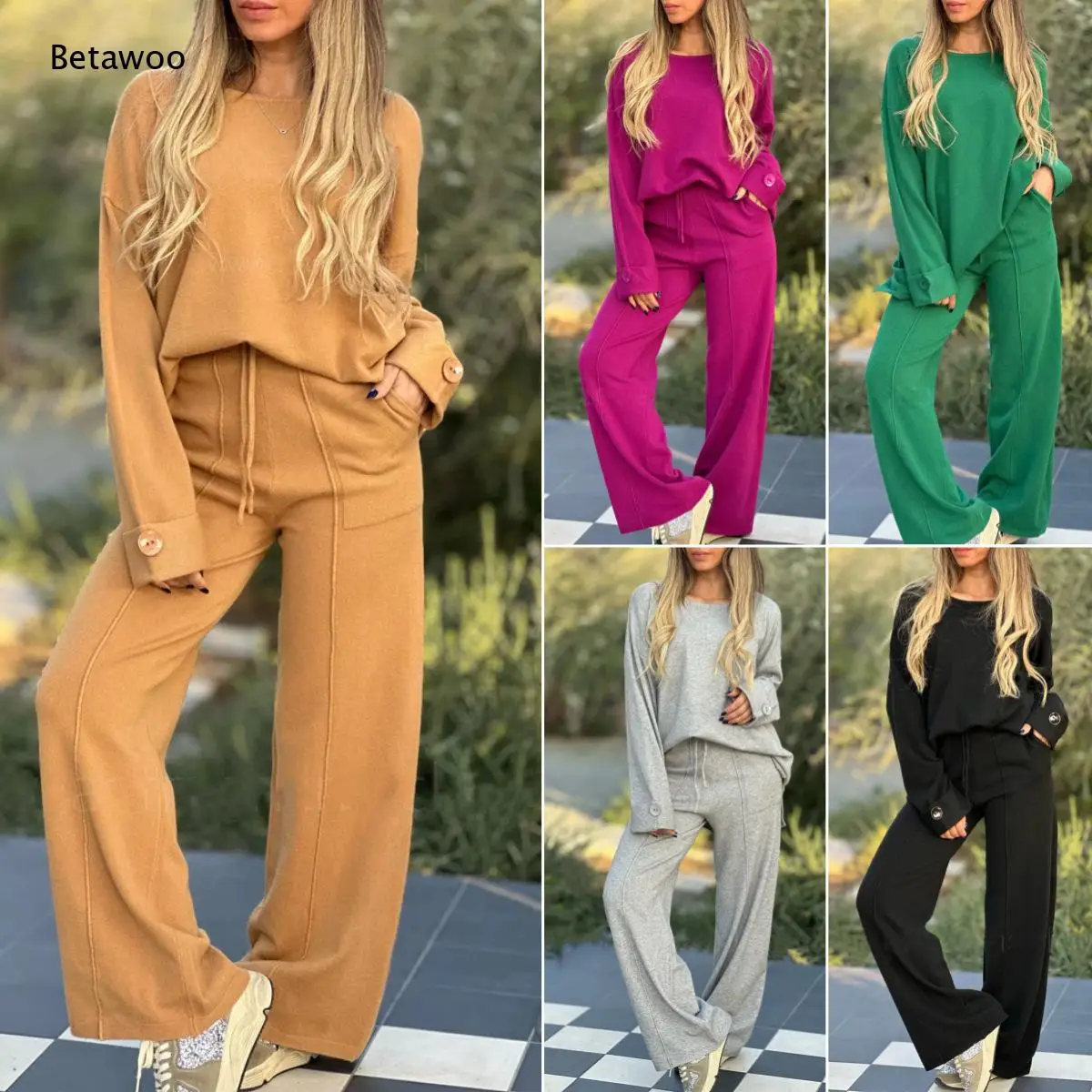 Women Round Neck Long Sleeve Waffle Knit Top Drawstring Wide Leg Pants Loungewear Two Piece Set for Daily Outdoor Wear