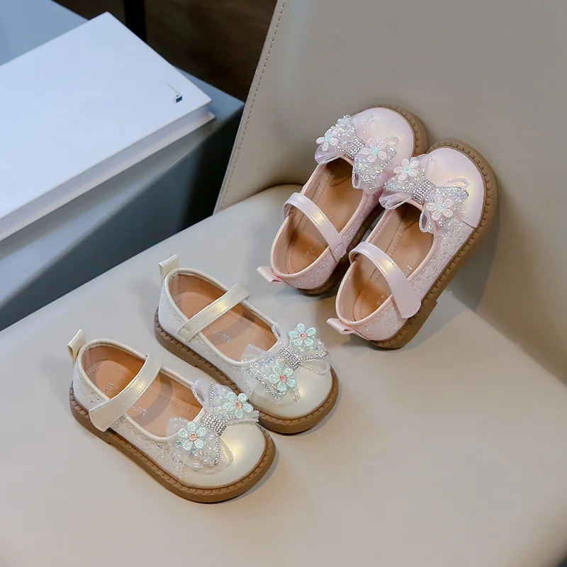 

Girls' PU Leather Shoes Spring Autumn New Girl Bow Rhinestone Princess Kids Loafer Soft-soled Dance Flats