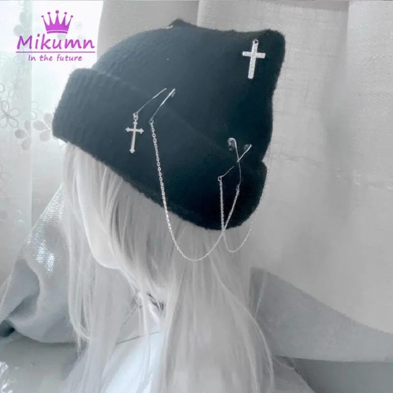 Mikumn Harajuku Punk Cross Chain Cat Ear Hat Women Gothic Black White Knitted Beanie Hats Winter Warm Outdoor Streetwear