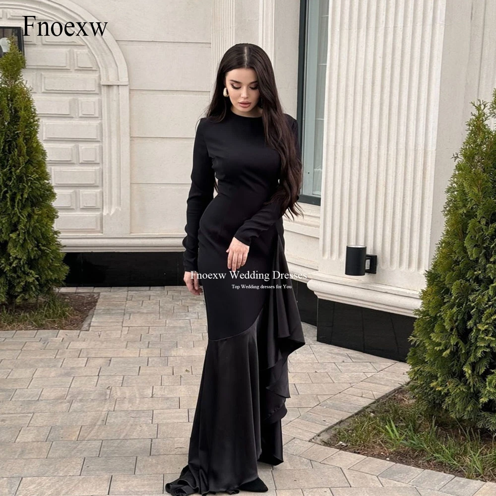 Fnoexw Black Mermaid Prom Dresses Vestido Festa فساتين السهرة Satin Evening Dress Long Sleeves Saudi Arabia Birthday Party Dress