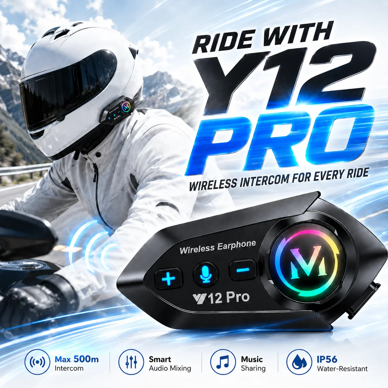 Casque Intercom pour Moto Y12 Pro avec Double Micro, Étanche, Sans Fil, Appel Mains Libres, Radio FM, Musique, Écouteurs