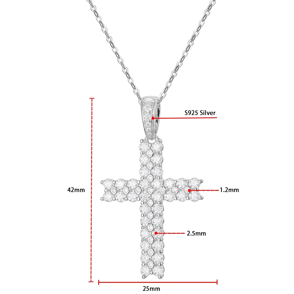 Serenity Day 여성용 리얼 D 컬러 풀 모이사나이트 크로스 목걸이, 100% S925 스털링 실버 플레이트, Pt950 예수 체인, 1.2mm, 2.5mm